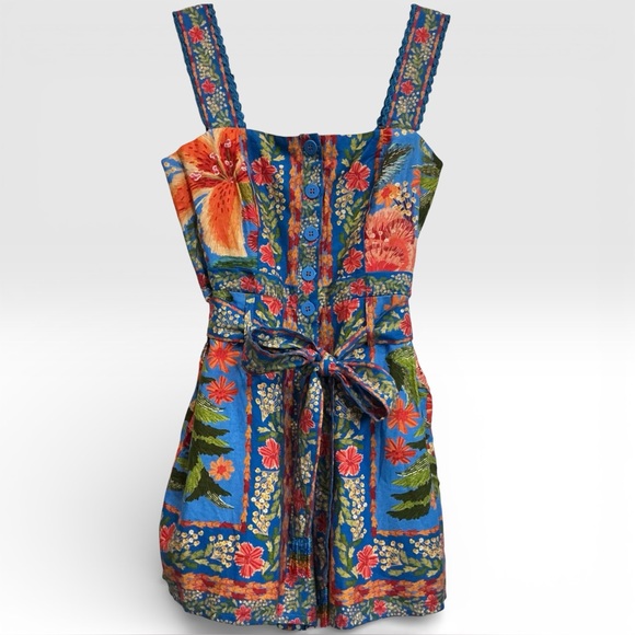 NWT Farm Rio Stitched Garden Blue Shorts Romper Blue Floral One Piece Small - Picture 5 of 12